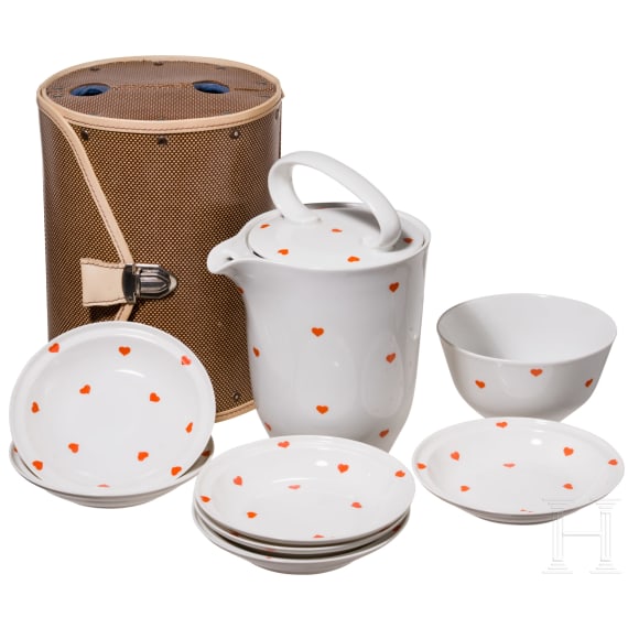A porcelain travel cutlery in suitcase "Koffergeschirr 20:1", Otto Koch, 1938 (design), Rosenthal-Selb, circa 1950 (finish)