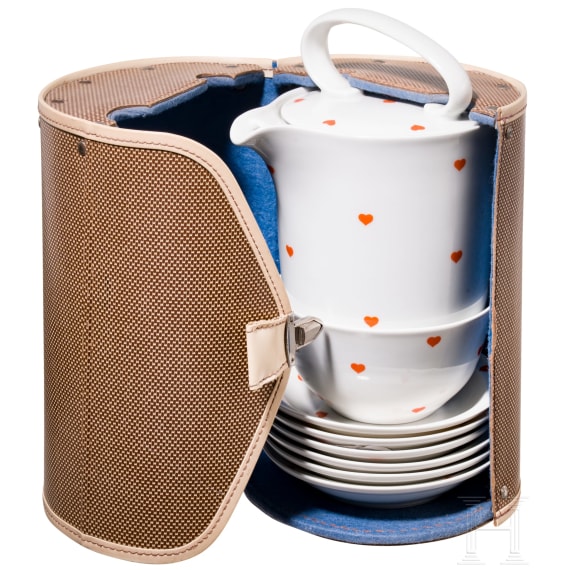 A porcelain travel cutlery in suitcase "Koffergeschirr 20:1", Otto Koch, 1938 (design), Rosenthal-Selb, circa 1950 (finish)