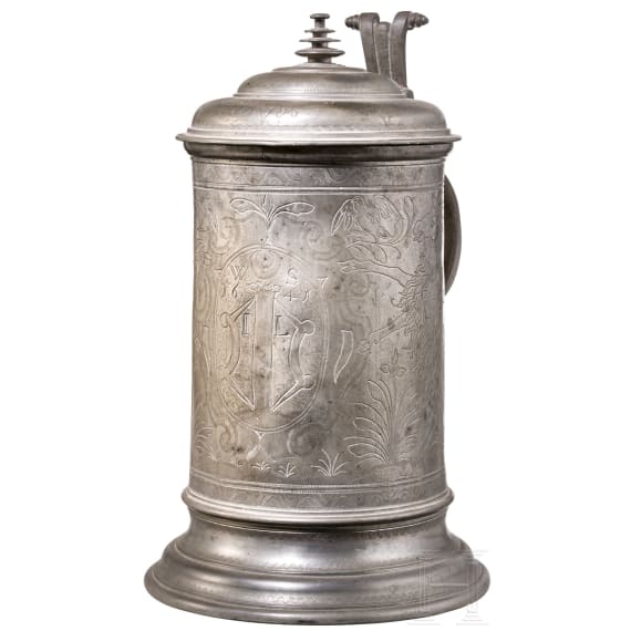 An engraved Austrian pewter jug from Wels, dated 1641
