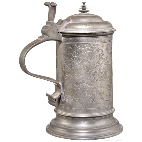 An engraved Austrian pewter jug from Wels, dated 1641