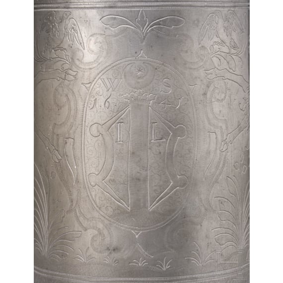 An engraved Austrian pewter jug from Wels, dated 1641