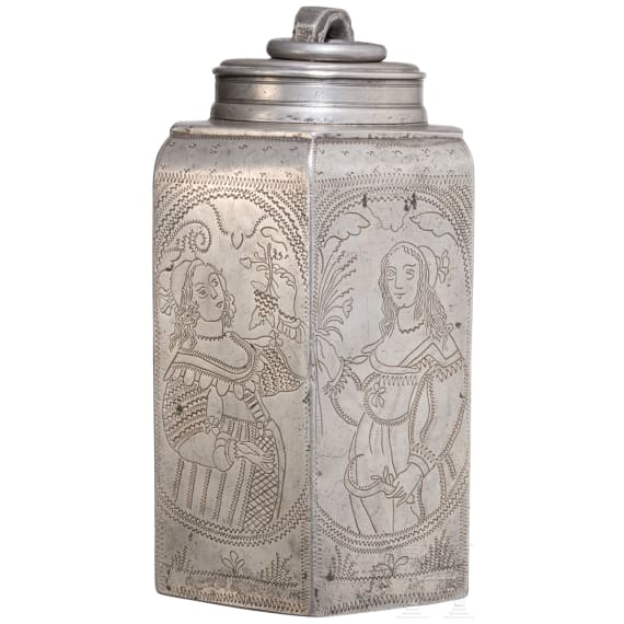 An engraved south German pewter container, dated, 1660