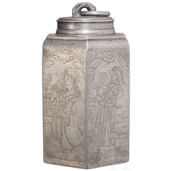 An engraved south German pewter container, dated, 1660