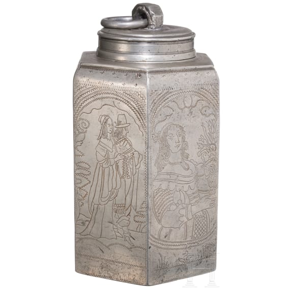 An engraved south German pewter container, dated, 1660