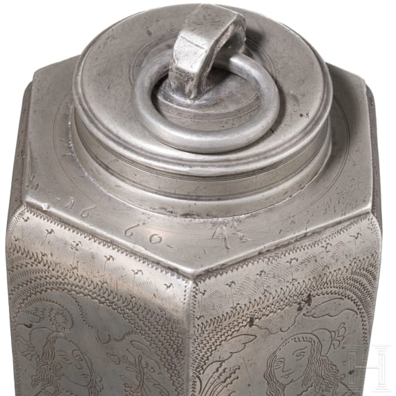An engraved south German pewter container, dated, 1660