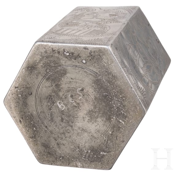 An engraved south German pewter container, dated, 1660