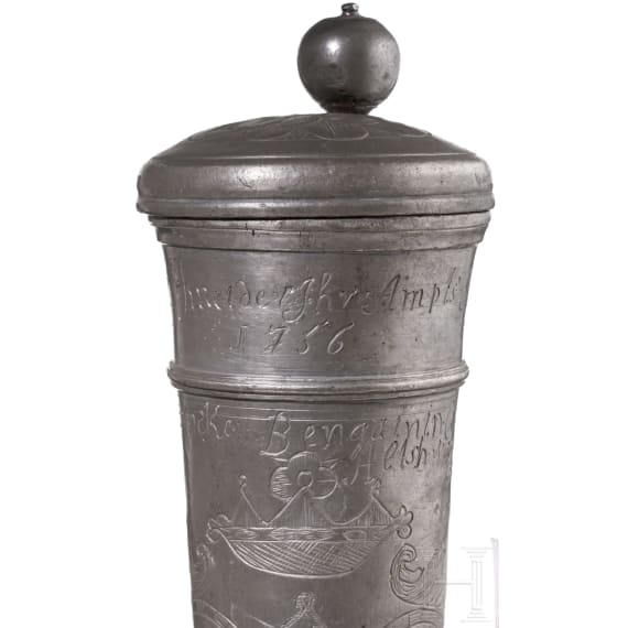 A Rostock pewter guild tankard (roerken), dated 1756