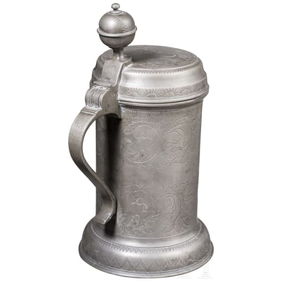 An engraved Dresden pewter tankard, dated 1775