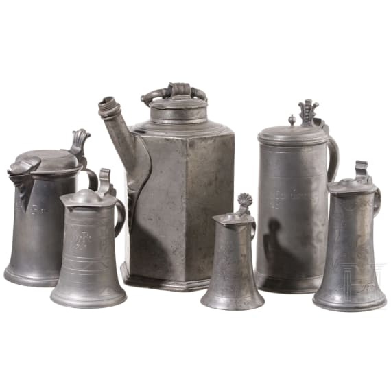 A group of German pewter jugs, 18th century