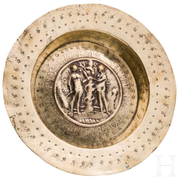 A Nuremberg alms basin with adam & Eve motive, 1st half of the 16th century