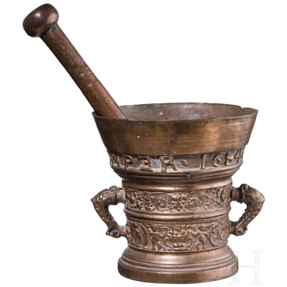 A bronze mortar, dated 1654
