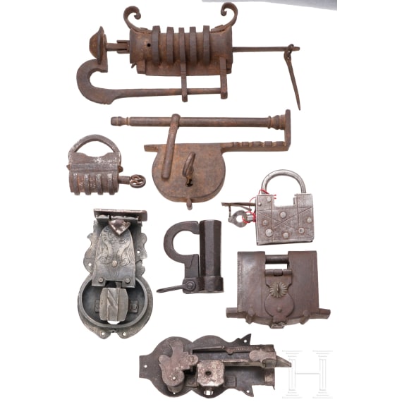Eight iron locks, German and Asian, circa 1800