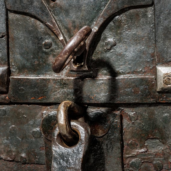 A heavy oak and iron armada chest, Tyrol, 1st half of the 16th century
