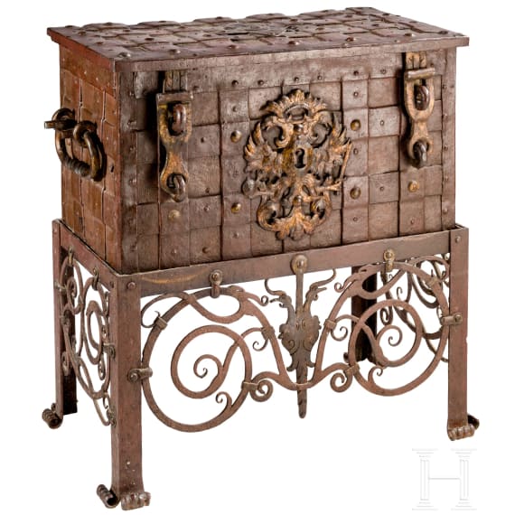 A German war chest with wrought iron stand, dated 1708
