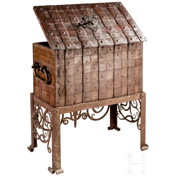 A German war chest with wrought iron stand, dated 1708