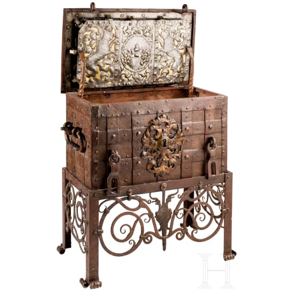 A German war chest with wrought iron stand, dated 1708
