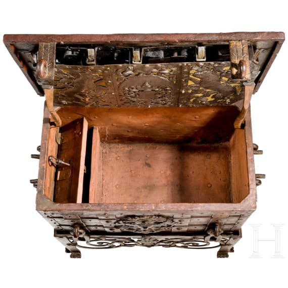 A German war chest with wrought iron stand, dated 1708