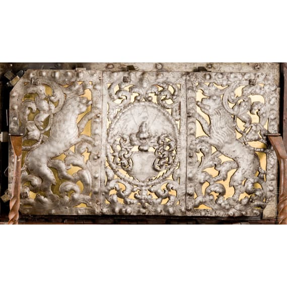 A German war chest with wrought iron stand, dated 1708