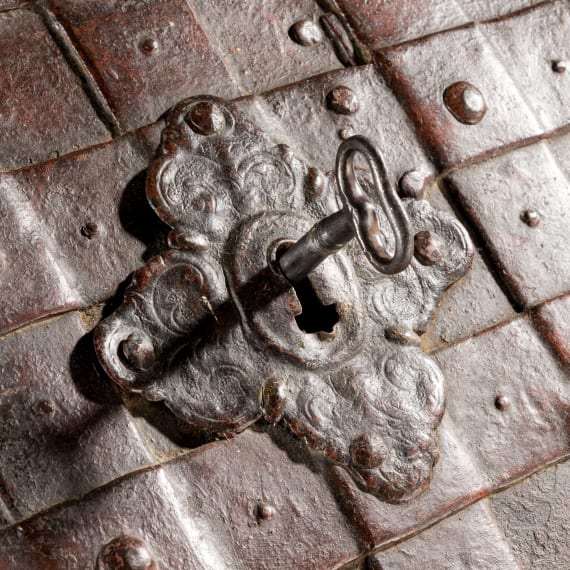 A German war chest with wrought iron stand, dated 1708