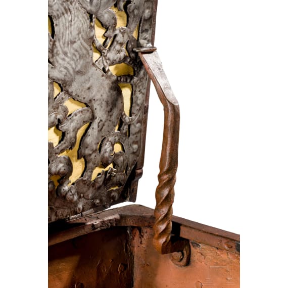 A German war chest with wrought iron stand, dated 1708