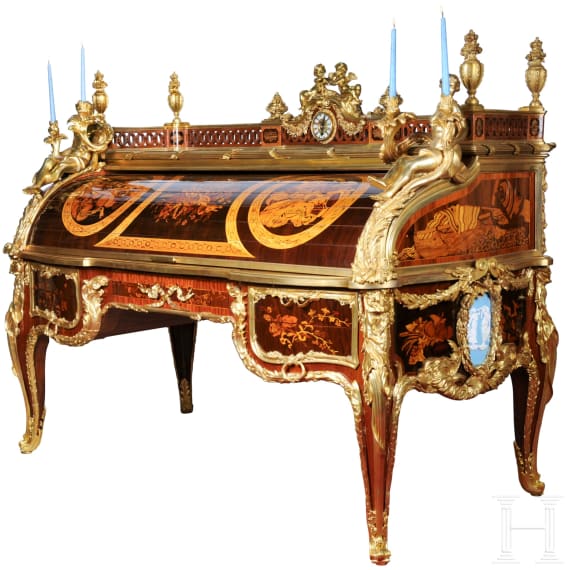 A magnificent French Louis XV-style cylinder bureau, modelled on the Bureau du Roi by Jean-Fran&ccedil;ois Oeben and Jean-Henri Riesener, circa 1900