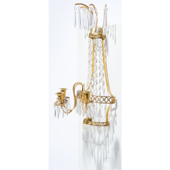 A gilt bronze three-arm wall sconce, attributed to Berlin, Bronzefactory Christian Gottlob Werner & Gottfried Mieth, Berlin, circa 1800
