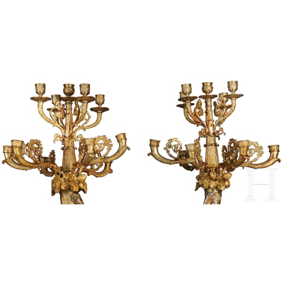 A pair of French partially gilt bronze candelabras, probably 20th century