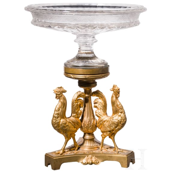 A gilt-bronze and glass centerpiece with roosters, France, 19th century