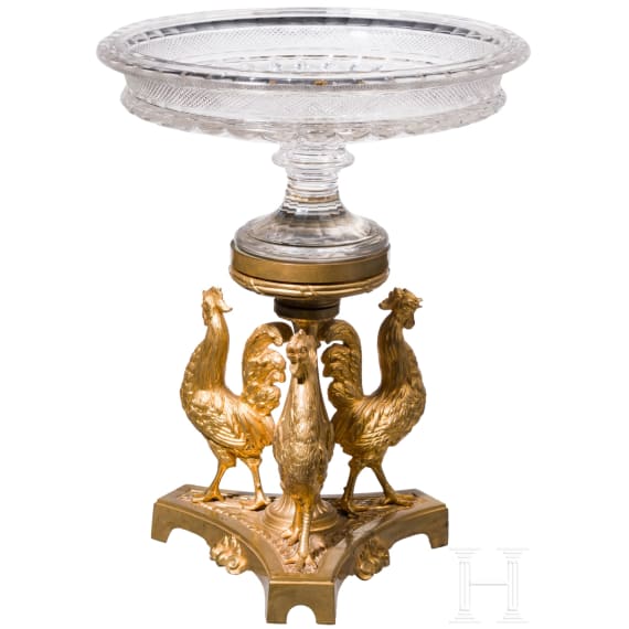 A gilt-bronze and glass centerpiece with roosters, France, 19th century