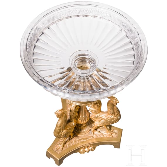 A gilt-bronze and glass centerpiece with roosters, France, 19th century
