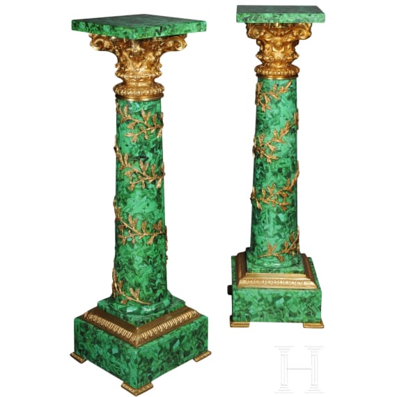 A pair of gilt-bronze mounted column pedestals with malachite painting, probably French, 20th century