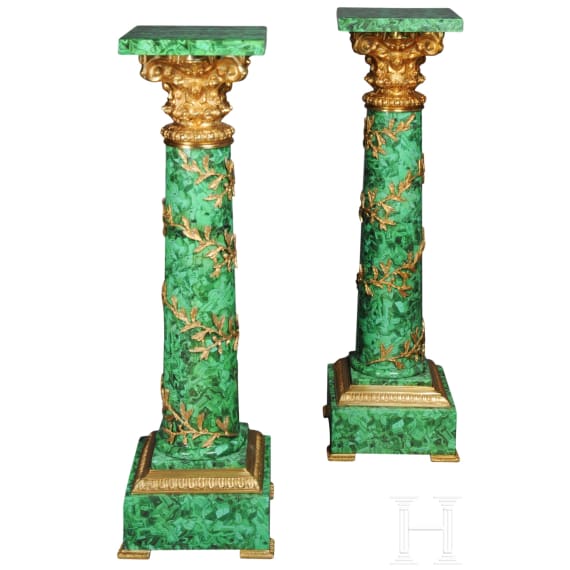 A pair of gilt-bronze mounted column pedestals with malachite painting, probably French, 20th century