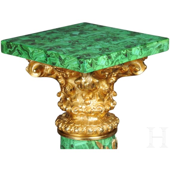 A pair of gilt-bronze mounted column pedestals with malachite painting, probably French, 20th century
