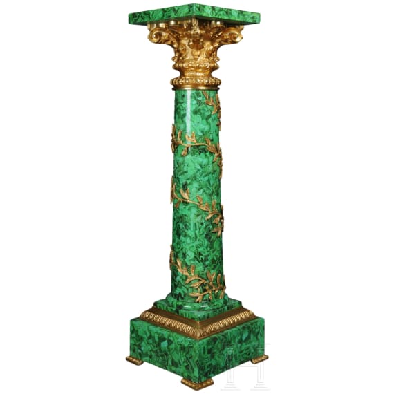 A pair of gilt-bronze mounted column pedestals with malachite painting, probably French, 20th century