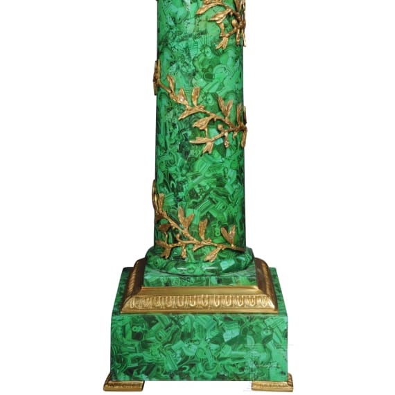 A pair of gilt-bronze mounted column pedestals with malachite painting, probably French, 20th century