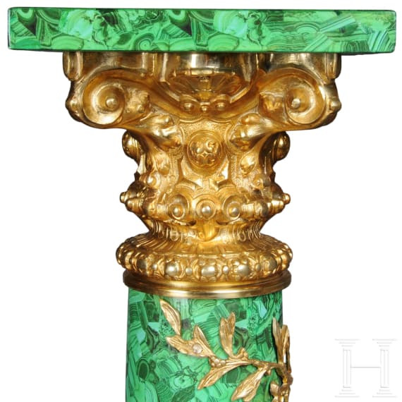 A pair of gilt-bronze mounted column pedestals with malachite painting, probably French, 20th century