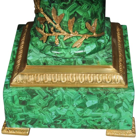 A pair of gilt-bronze mounted column pedestals with malachite painting, probably French, 20th century