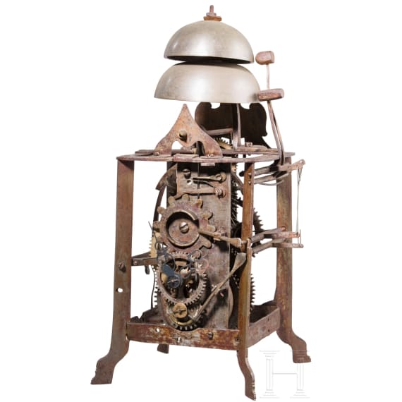 Iron tower clock movement with striking train, probably 17th century