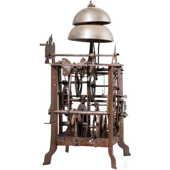 Iron tower clock movement with striking train, probably 17th century