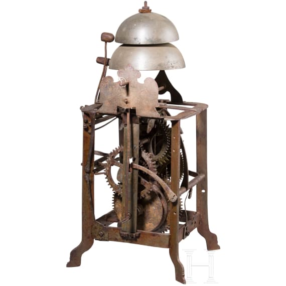 Iron tower clock movement with striking train, probably 17th century