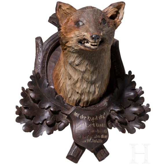 A wooden Berchtesgaden foxhead trophy, dated 1905