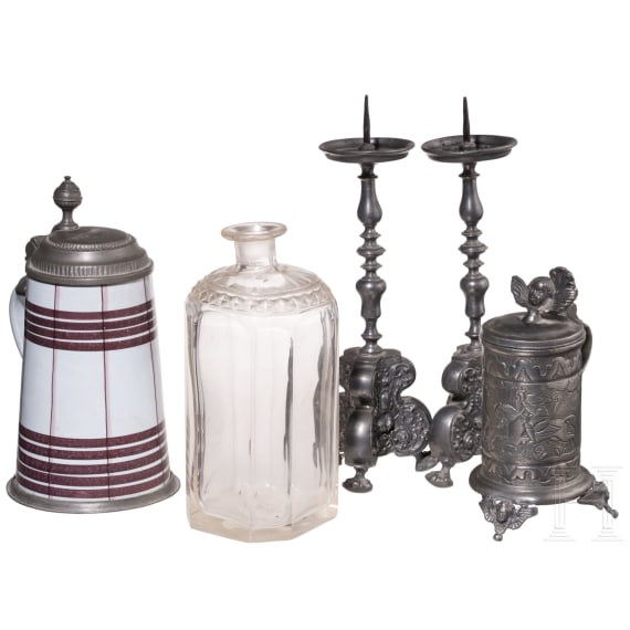 A group of containers made from pewter, glass and fayence, Germany, 18th century