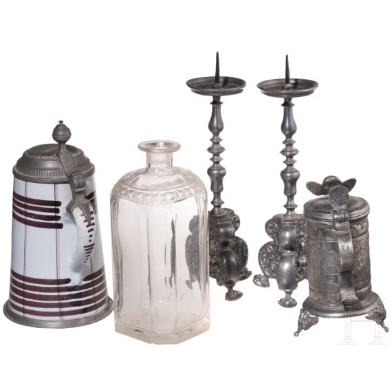 A group of containers made from pewter, glass and fayence, Germany, 18th century
