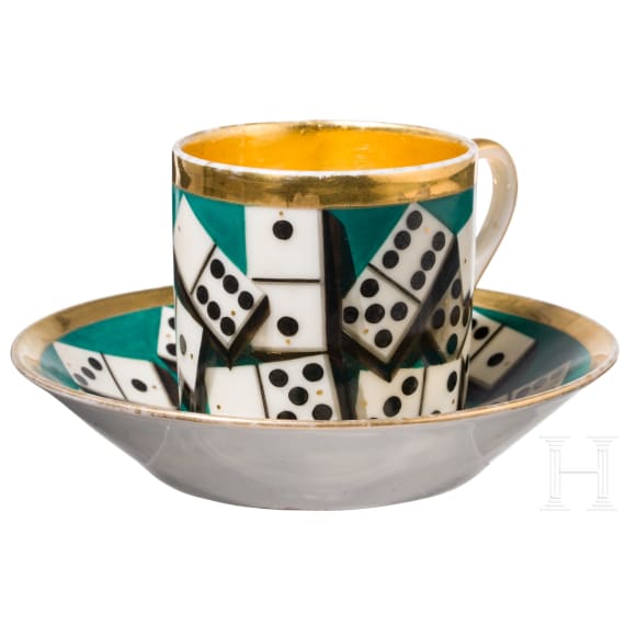 A porcelain cup with saucers with dominoes, Popov factory, dated 1840