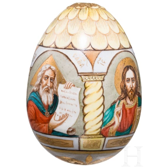 A large porcelain Easter egg showing Godfather and the Deisis, Russia, 20th century