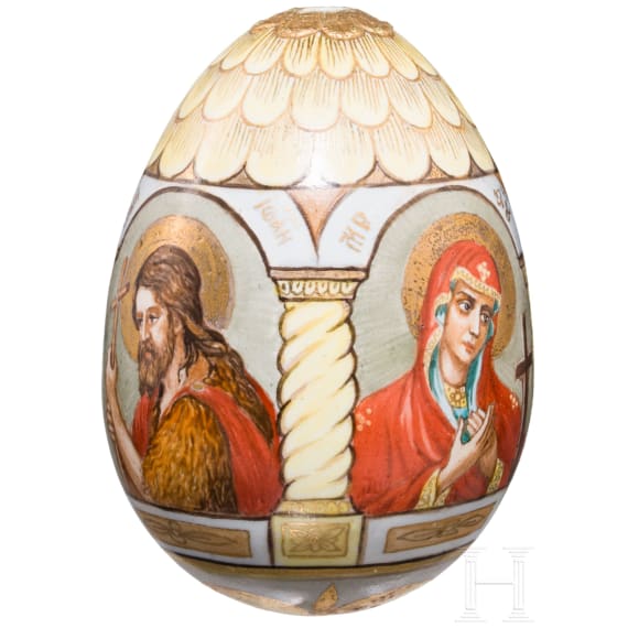 A large porcelain Easter egg showing Godfather and the Deisis, Russia, 20th century