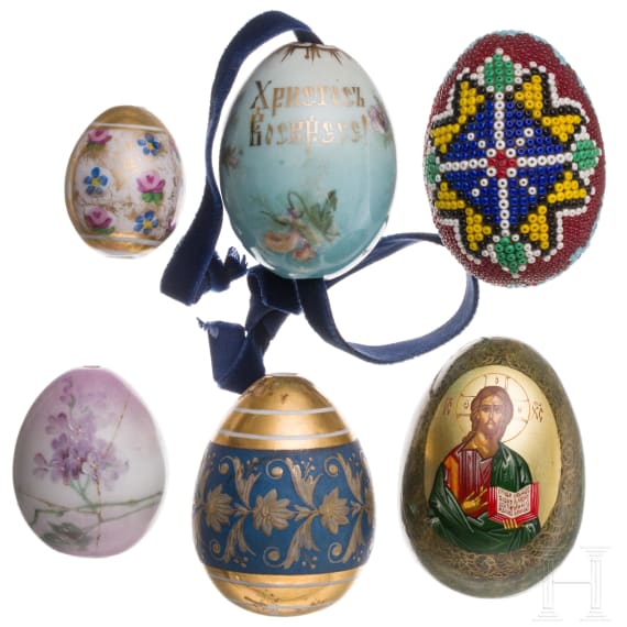 Five porcelain and one marble Easter egg, Russia, late 19th - late 20th century