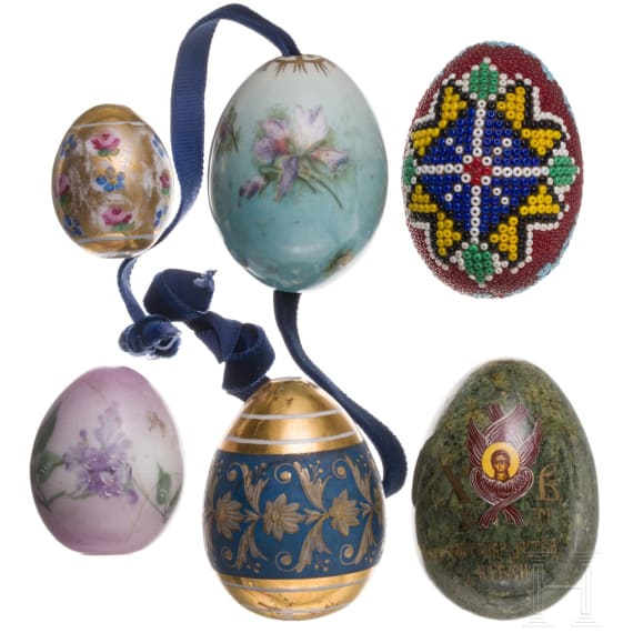 Five porcelain and one marble Easter egg, Russia, late 19th - late 20th century