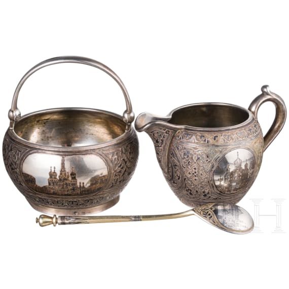 Niello-Sahnegie&szlig;er, Zuckerdose und L&ouml;ffel, Russland, Moskau, 1884- 1893