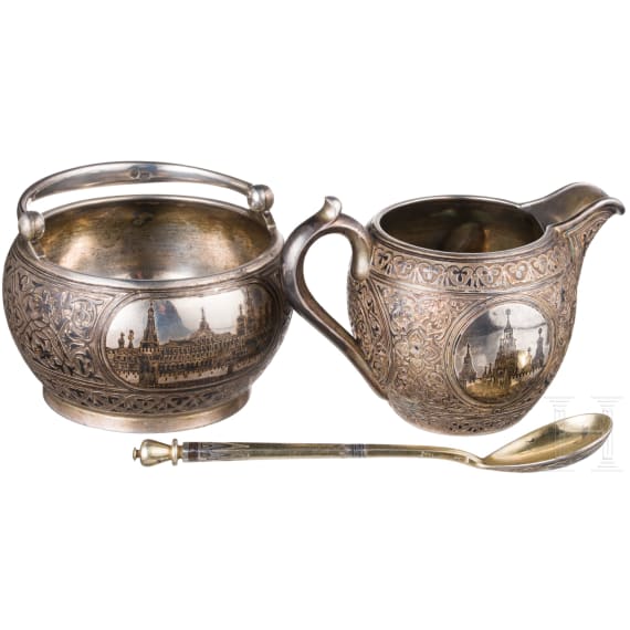 Niello-Sahnegie&szlig;er, Zuckerdose und L&ouml;ffel, Russland, Moskau, 1884- 1893